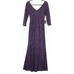 Marina dress v neck illusion sleeve lace gown